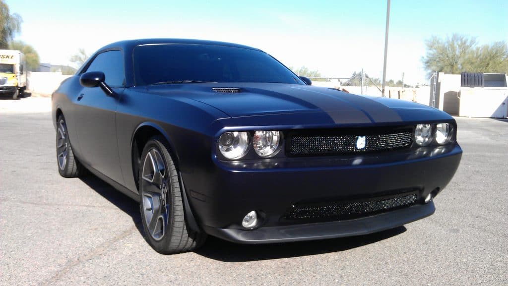 black challenger with grey racing stripes